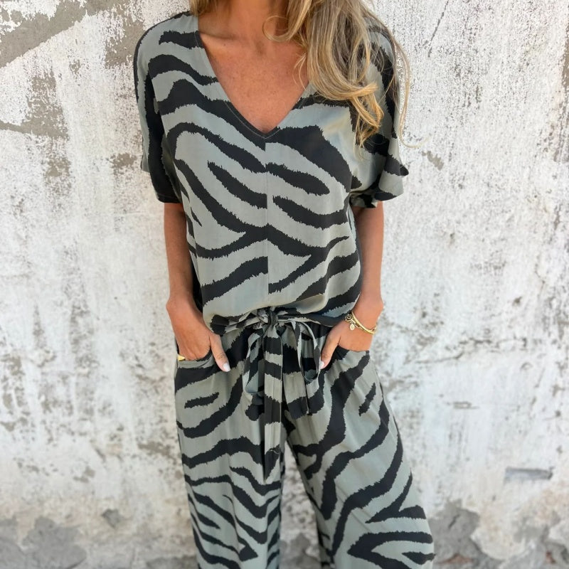 Gilberta | Zebra Print V Neck Two Piece Set