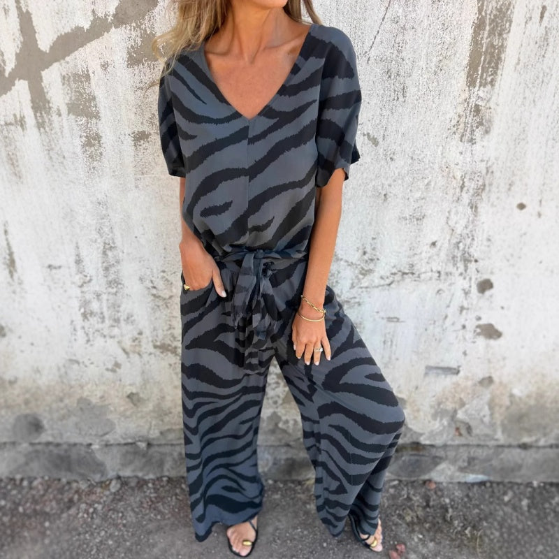 Gilberta | Zebra Print V Neck Two Piece Set
