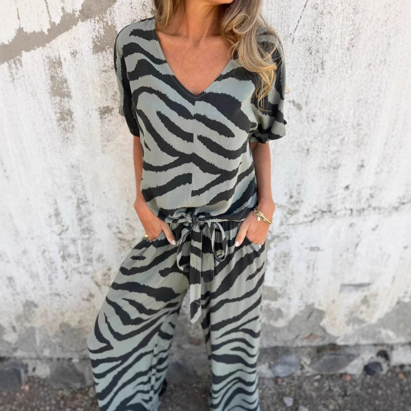 Gilberta | Zebra Print V Neck Two Piece Set