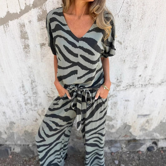 Gilberta | Zebra Print V Neck Two Piece Set