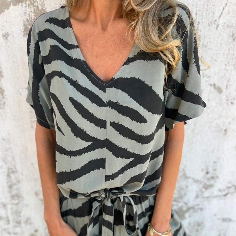 Gilberta | Zebra Print V Neck Two Piece Set