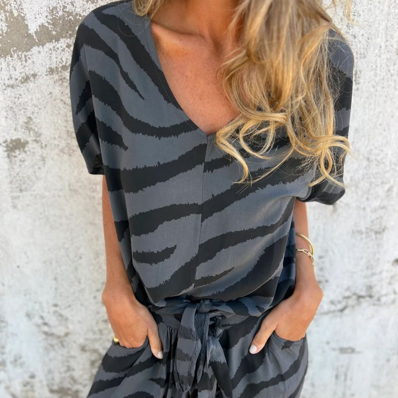 Gilberta | Zebra Print V Neck Two Piece Set