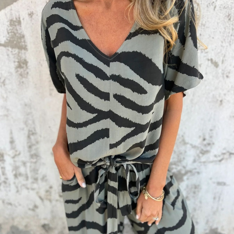 Gilberta | Zebra Print V Neck Two Piece Set