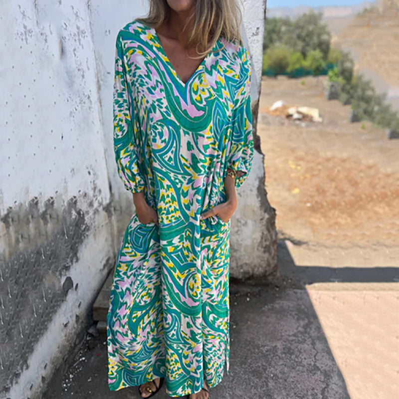 Yanina | Printed V Neck Maxi Dress