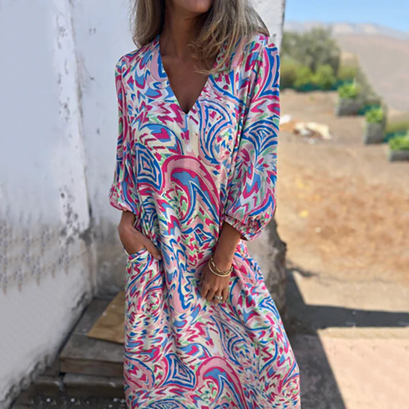 Yanina | Printed V Neck Maxi Dress