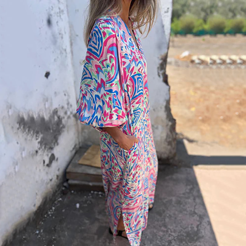 Lowri | Boho Print V-Neck Maxi Dress