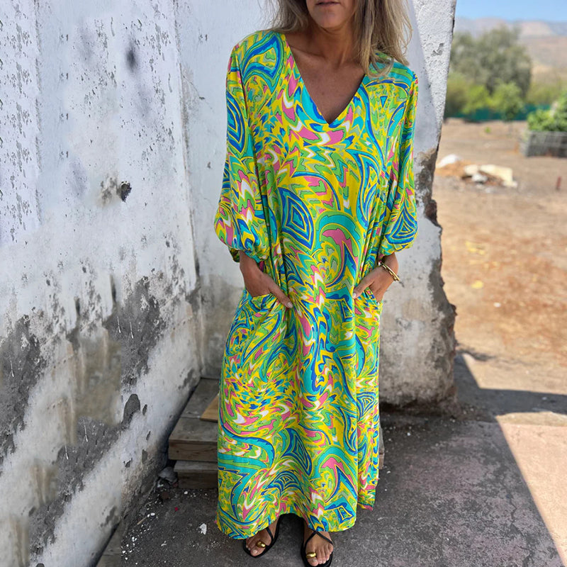 Lowri | Boho Print V-Neck Maxi Dress