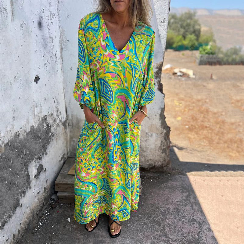 Yanina | Printed V Neck Maxi Dress