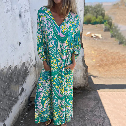 Lowri | Boho Print V-Neck Maxi Dress