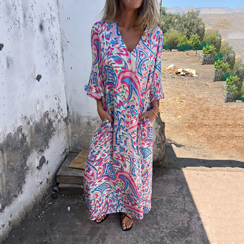 Lowri | Boho Print V-Neck Maxi Dress