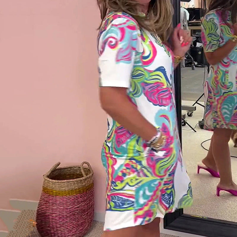 Heloise | Colourful Printed Short Sleeve V-Neck Shift Dress With Pockets