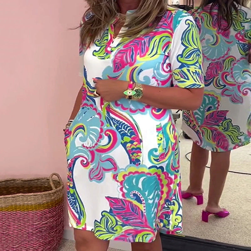Heloise | Colourful Printed Short Sleeve V-Neck Shift Dress With Pockets