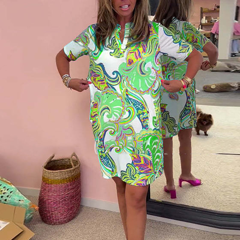 Heloise | Colourful Printed Short Sleeve V-Neck Shift Dress With Pockets
