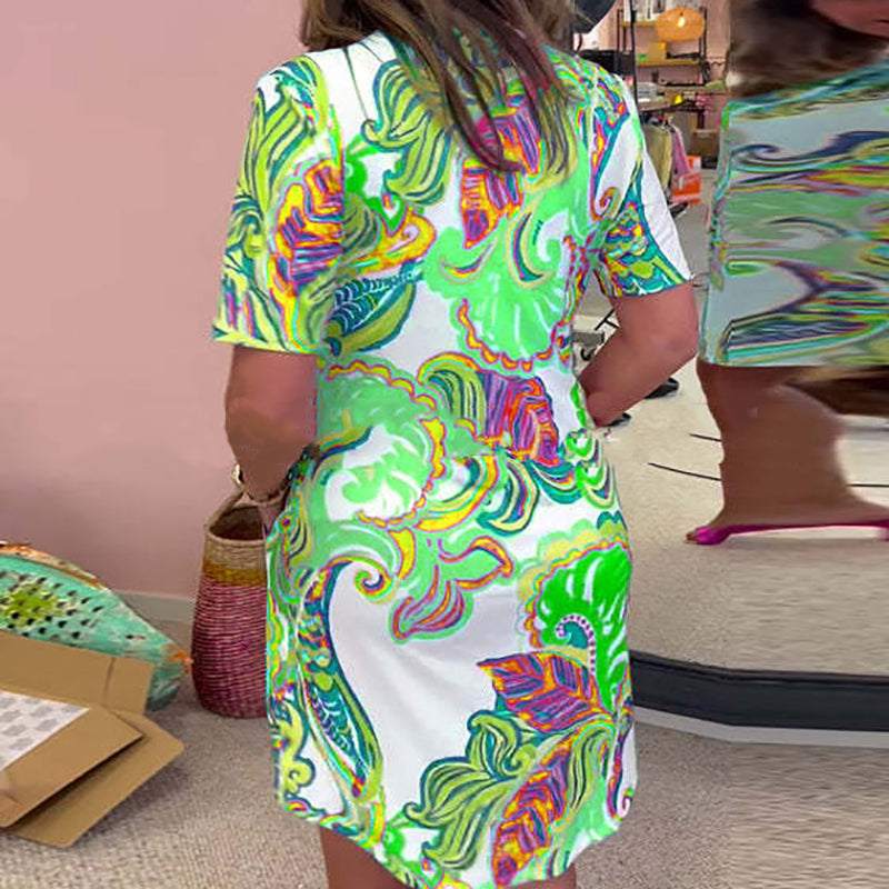 Heloise | Colourful Printed Short Sleeve V-Neck Shift Dress With Pockets