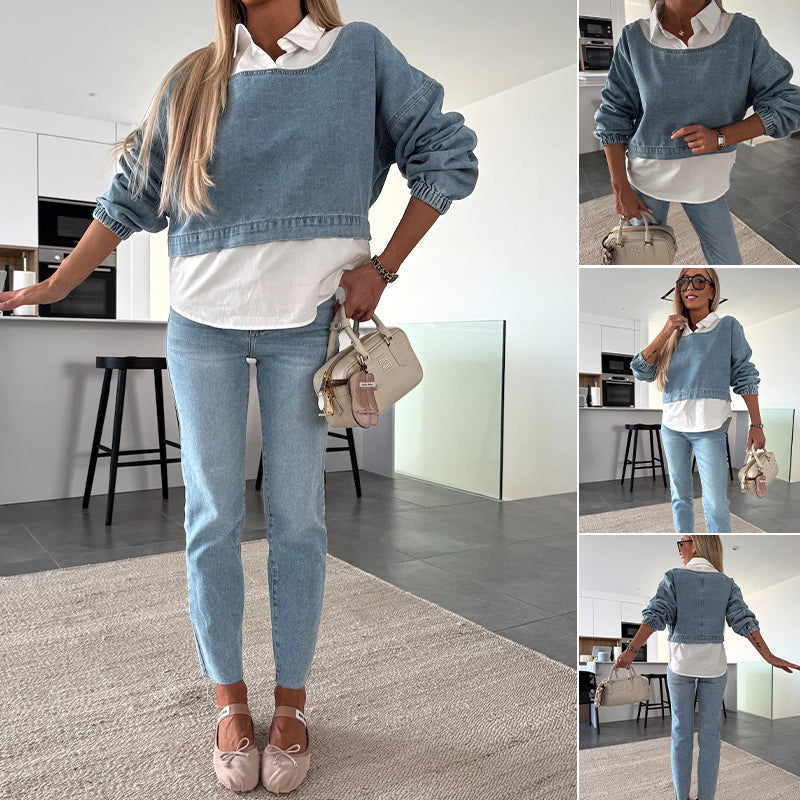 Nadira | Denim-Style Cropped Top and Trouser Set
