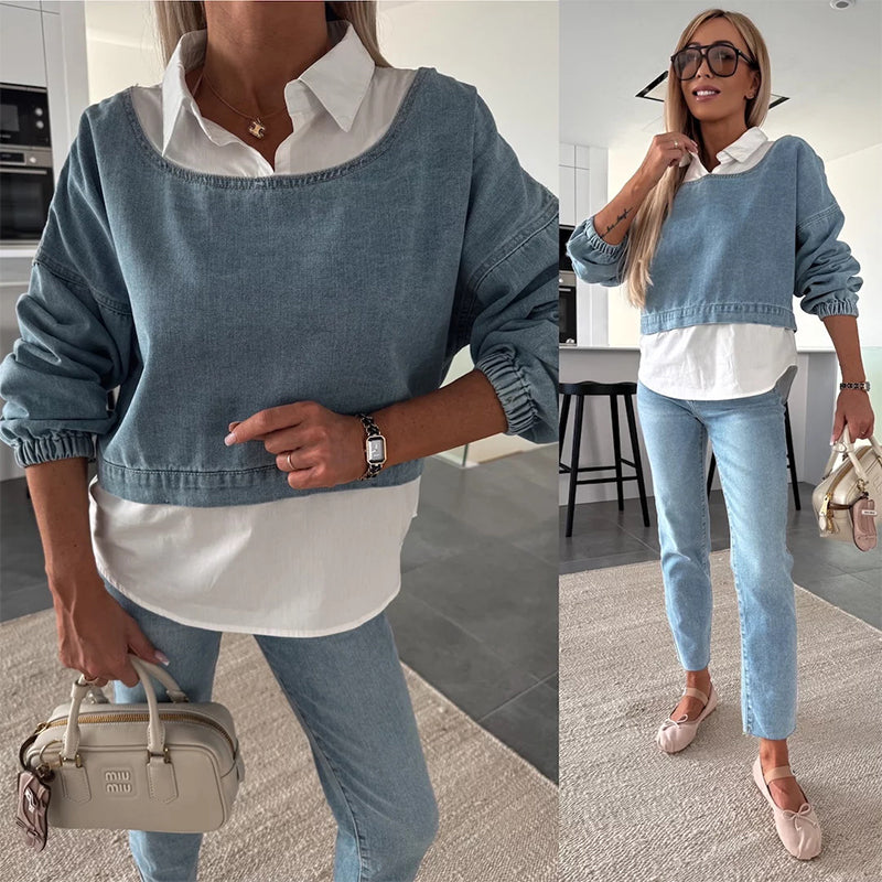 Nadira | Denim-Style Cropped Top and Trouser Set