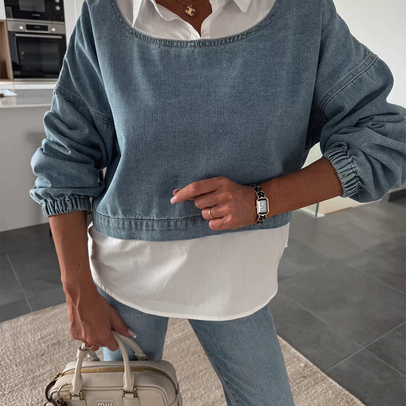 Nadira | Denim-Style Cropped Top and Trouser Set