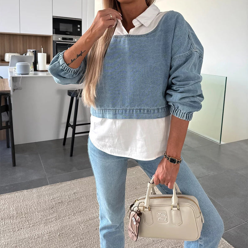 Nadira | Denim-Style Cropped Top and Trouser Set