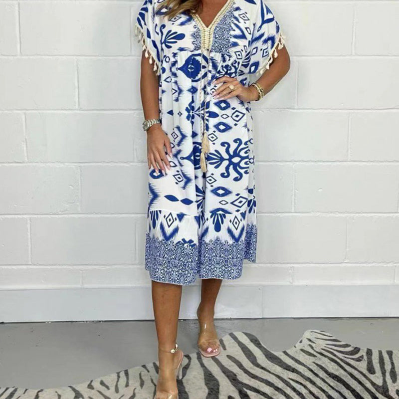 Alyex | Printed V Neck Midi Dress