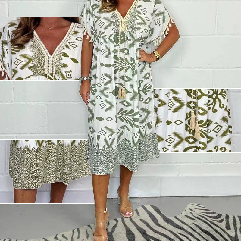 Alyex | Printed V Neck Midi Dress