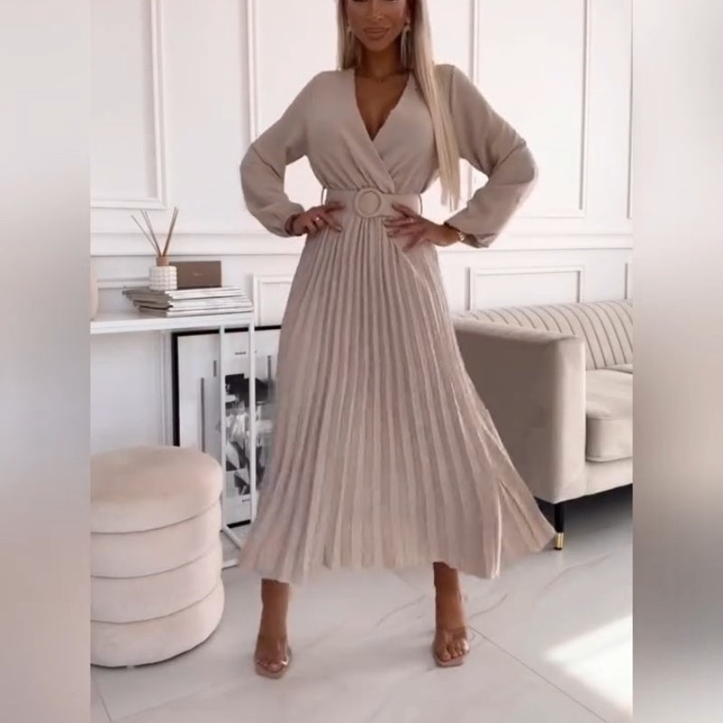 Elza | Pleated Midi Dress Long Sleeve Belted