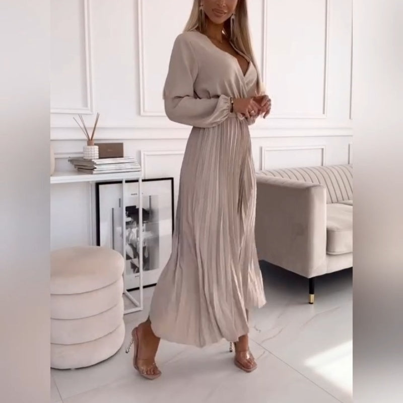 Elza | Pleated Midi Dress Long Sleeve Belted