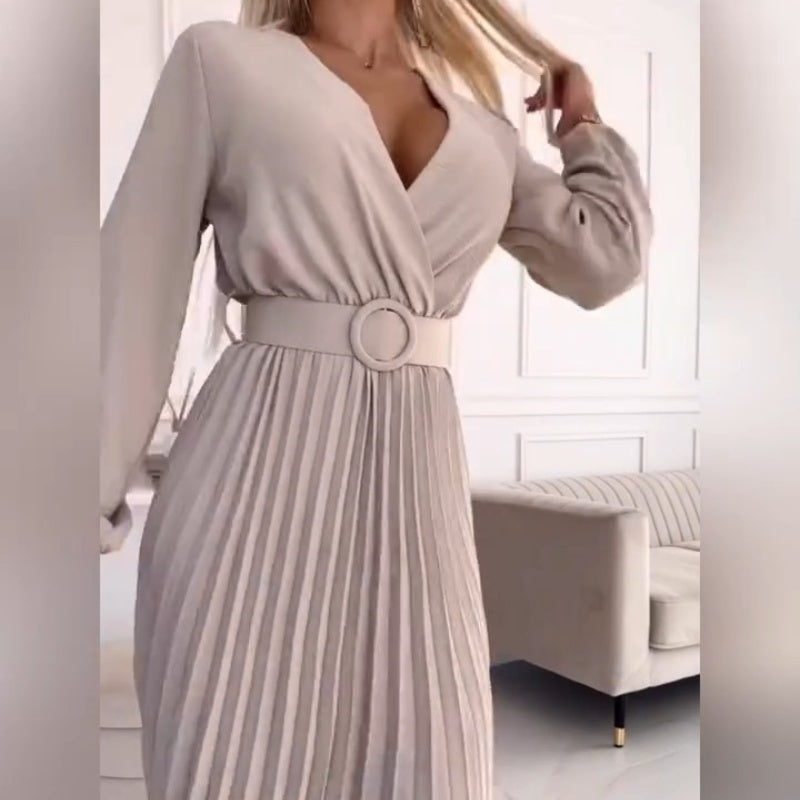 Elza | Pleated Midi Dress Long Sleeve Belted