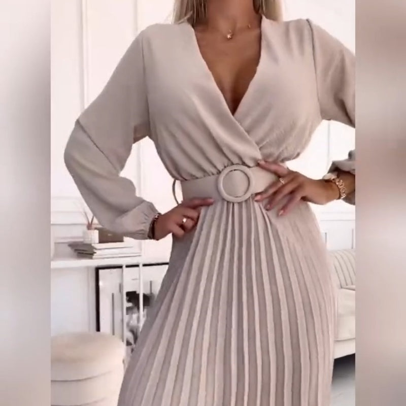 Elza | Pleated Midi Dress Long Sleeve Belted