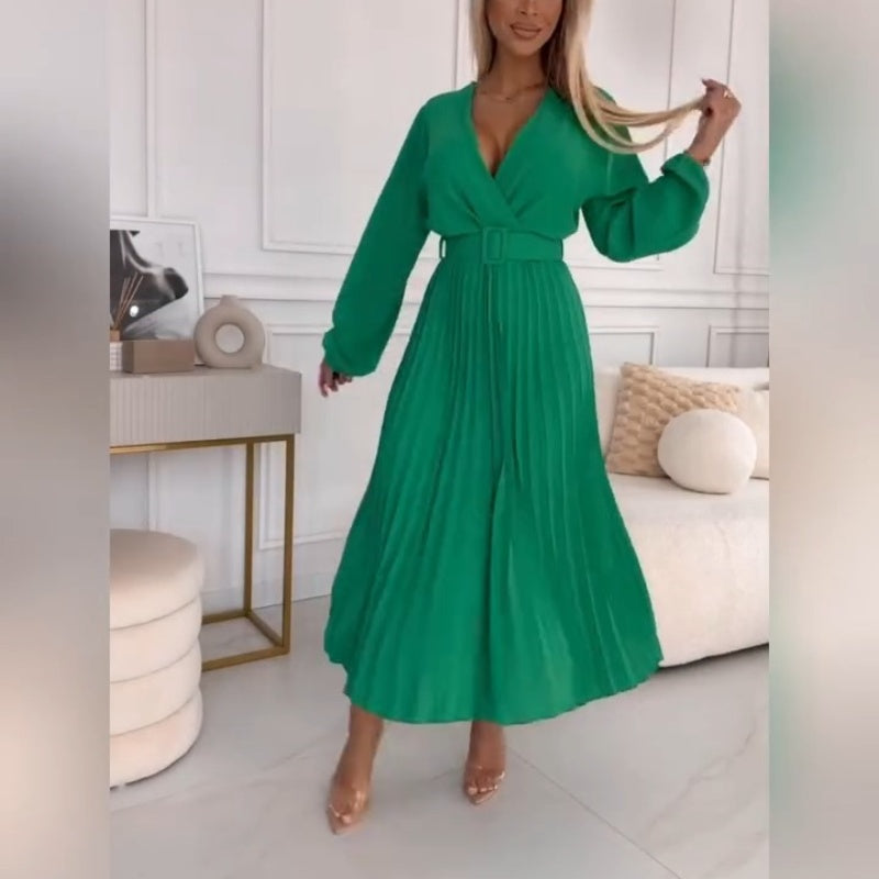 Elza | Pleated Midi Dress Long Sleeve Belted
