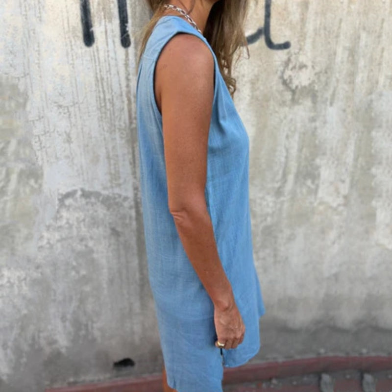 Paula | Sleeveless V Neck Button Front Dress