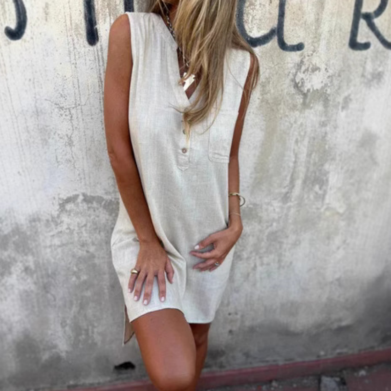 Paula | Sleeveless V Neck Button Front Dress