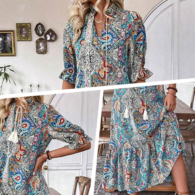 Aniy | Paisley Print Tassel Tie Midi Dress