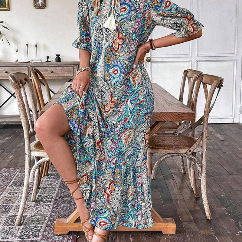 Aniy | Paisley Print Tassel Tie Midi Dress