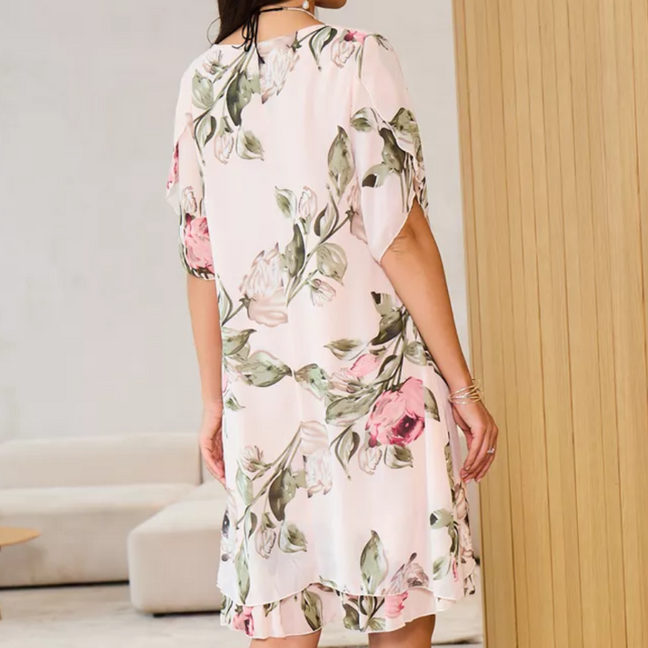 Merita | Floral Chiffon Short Sleeve Midi Dress