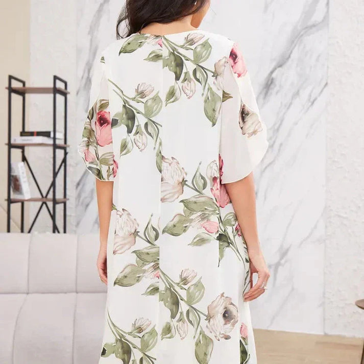 Merita | Floral Chiffon Short Sleeve Midi Dress