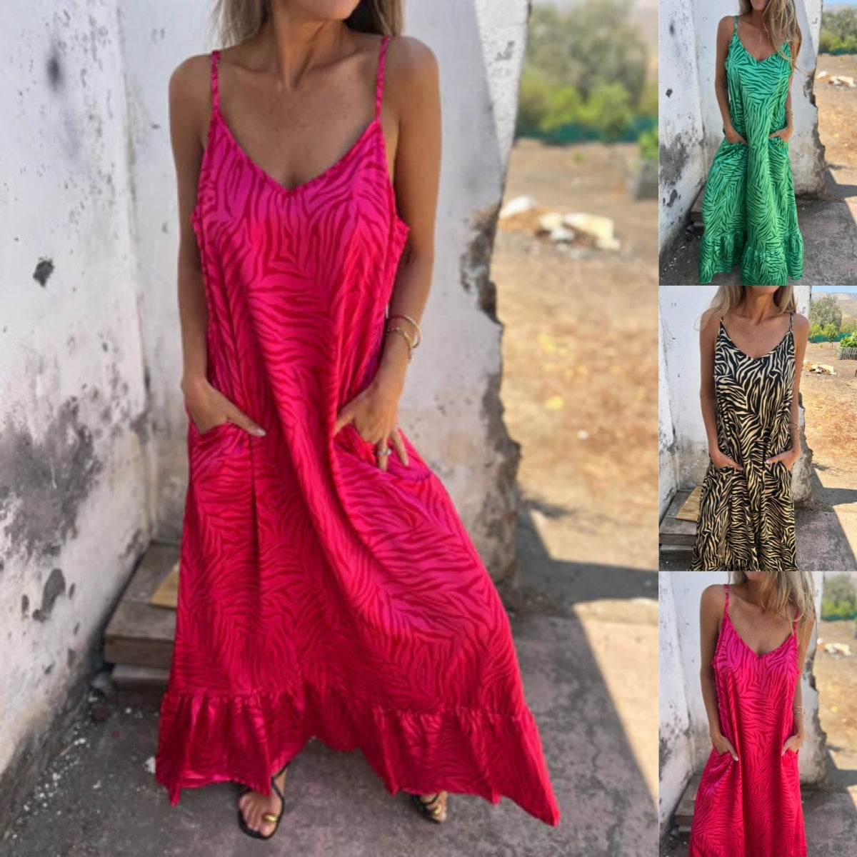 Timera | Zebra Print Sleeveless Maxi Dress Pockets