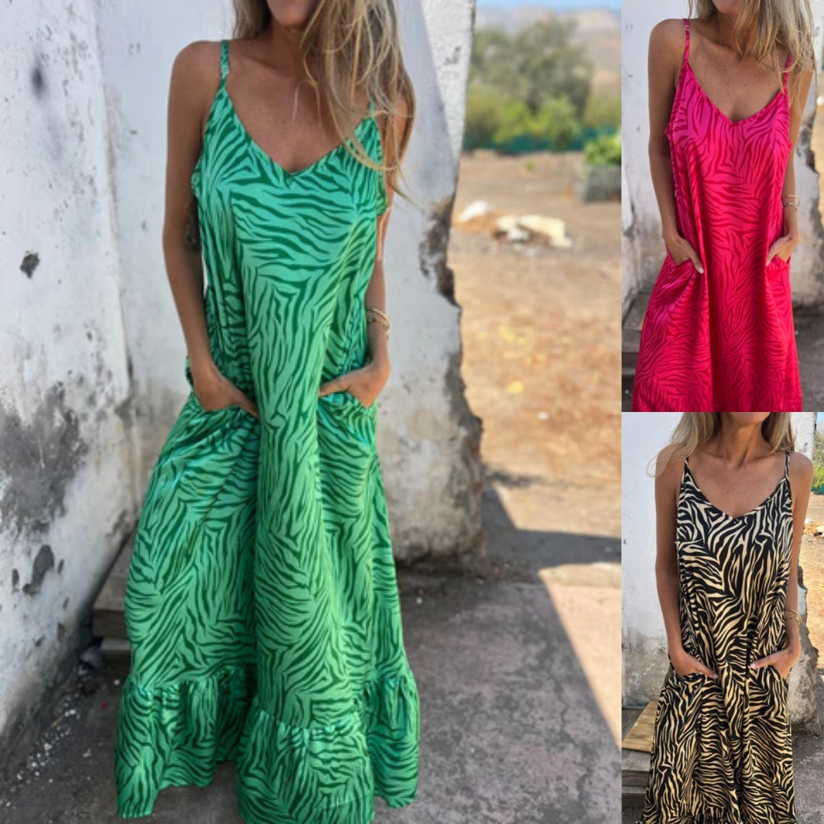 Timera | Zebra Print Sleeveless Maxi Dress Pockets