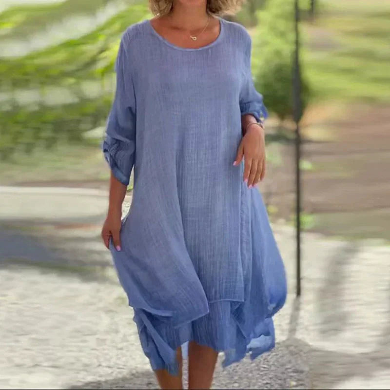 Mariela | Layered Hem Round Neck Midi Dress