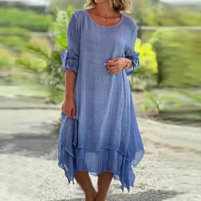 Mariela | Layered Hem Round Neck Midi Dress