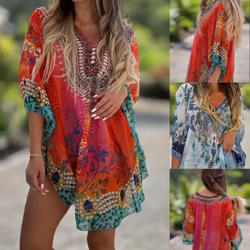Joleena | Floral V Neck Loose Mini Dress