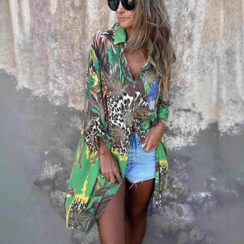 Roelie | Tropical Print Button Front Shirt Dress