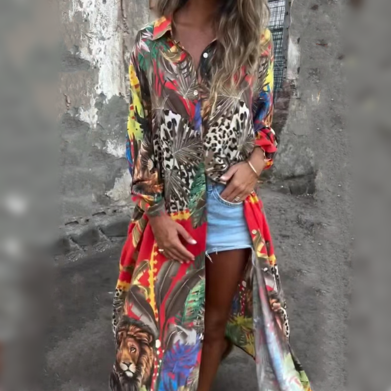 Roelie | Tropical Print Button Front Shirt Dress