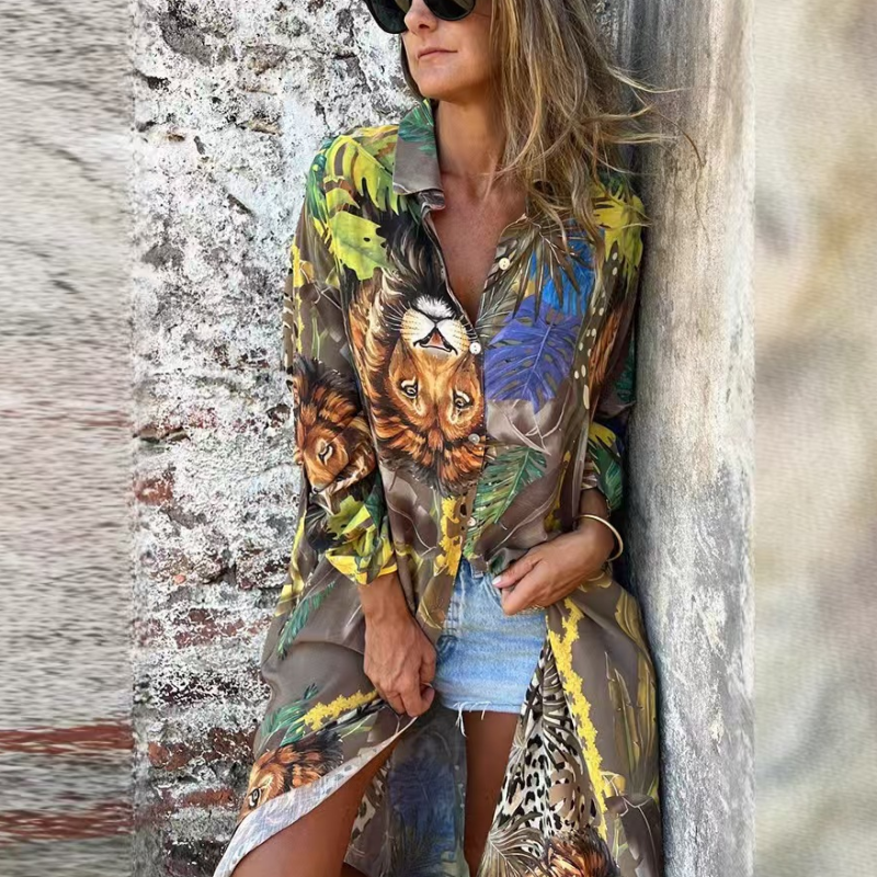 Roelie | Tropical Print Button Front Shirt Dress