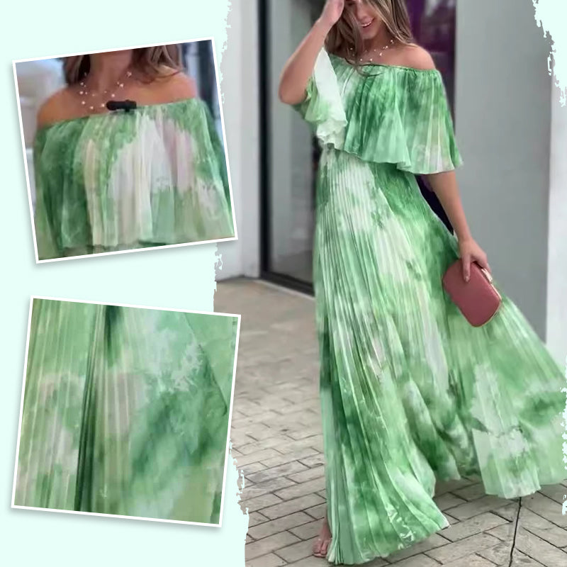 Vinelia | Printed Pleated Off Shoulder Maxi Dress