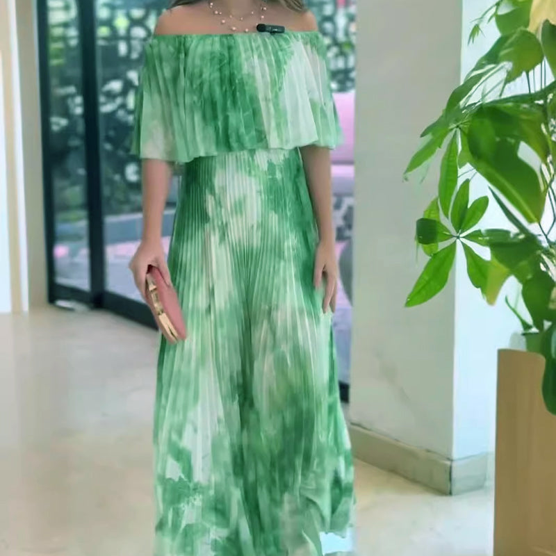 Vinelia | Printed Pleated Off Shoulder Maxi Dress