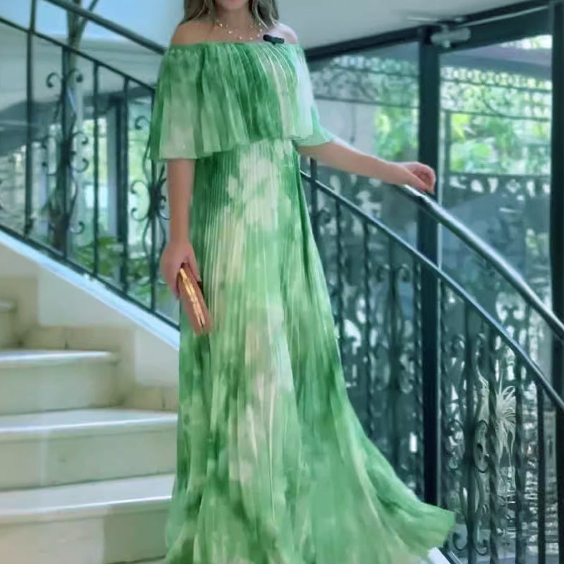 Vinelia | Printed Pleated Off Shoulder Maxi Dress