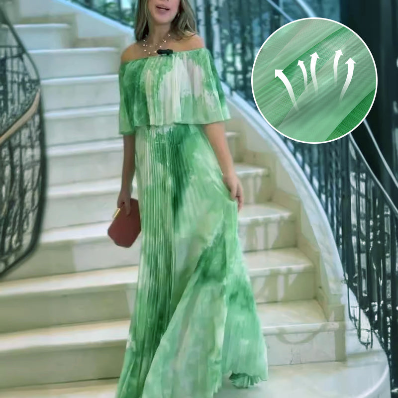 Vinelia | Printed Pleated Off Shoulder Maxi Dress
