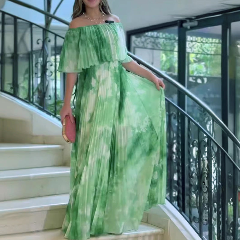 Vinelia | Printed Pleated Off Shoulder Maxi Dress