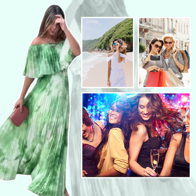 Vinelia | Printed Pleated Off Shoulder Maxi Dress