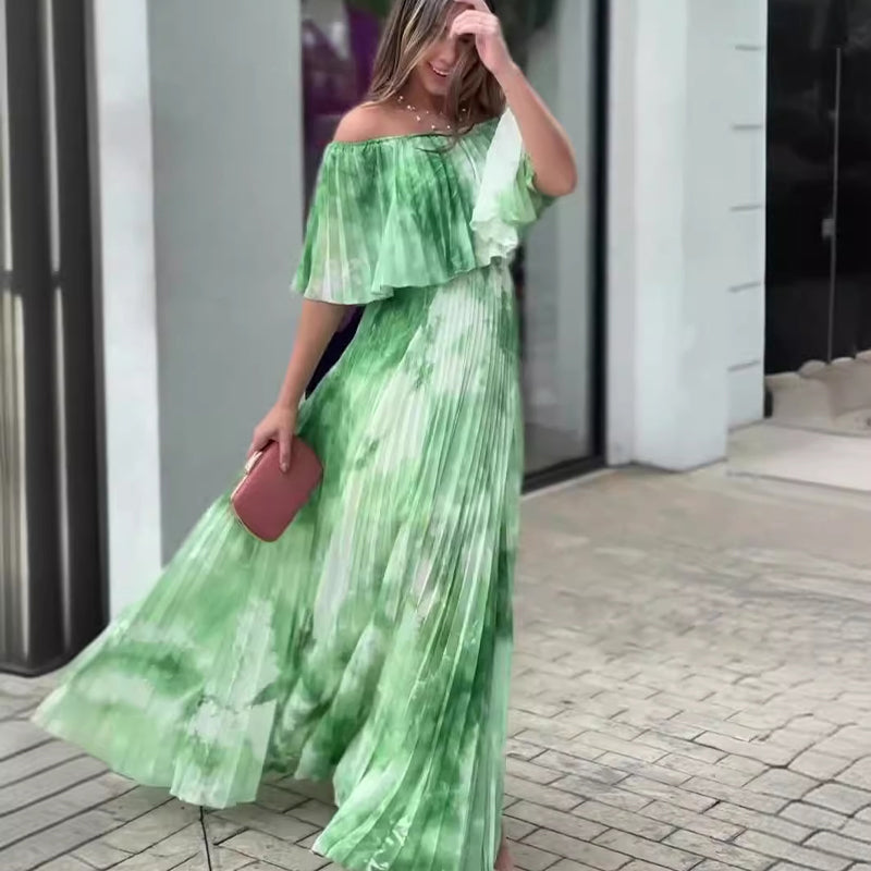 Vinelia | Printed Pleated Off Shoulder Maxi Dress